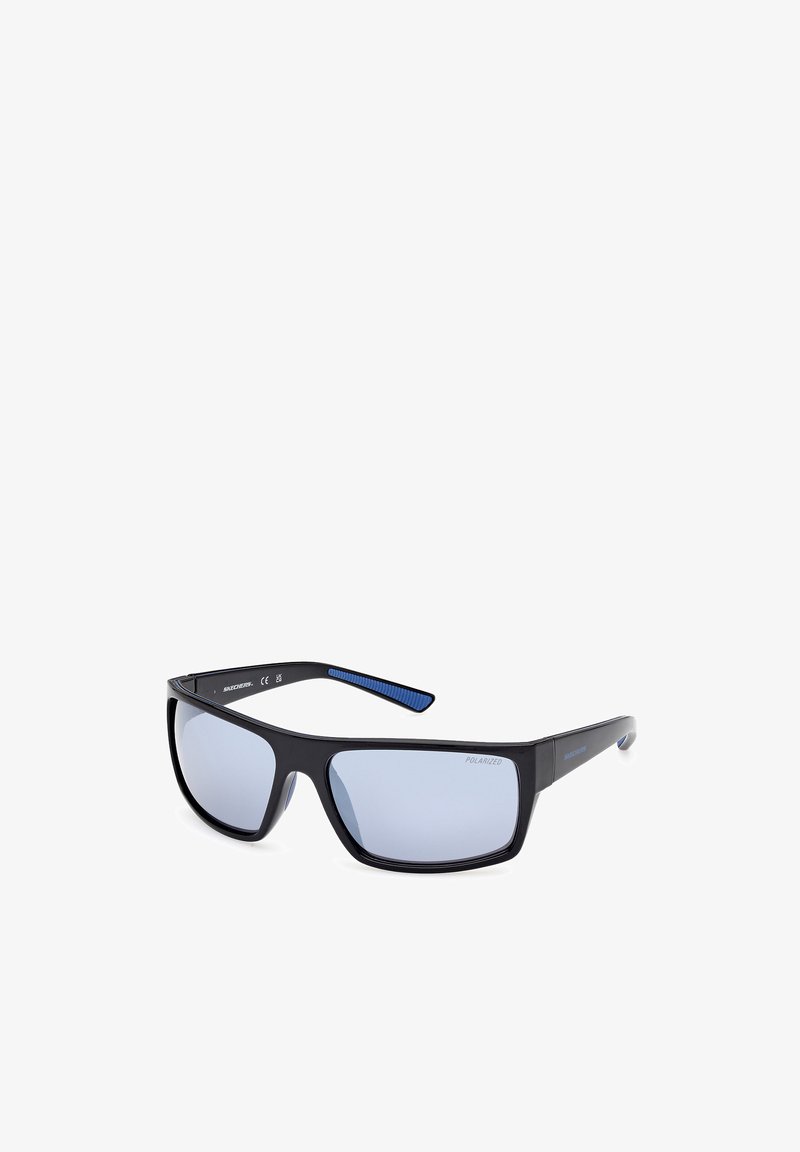 Black polarized sunglasses with a rectangular frame. Gray lenses, textured blue accents on the temples, and a matte finish.