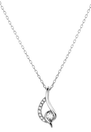 Silver pendant necklace featuring an elegant swirl design, adorned with small clear stones and a central round stone, attached to a fine chain.