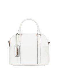 Witte leren handtas met een ronde vorm, dubbele handvatten en gouden hardware. Bevat zwarte accentstiksel en een verwisselbaar naamkaartje.