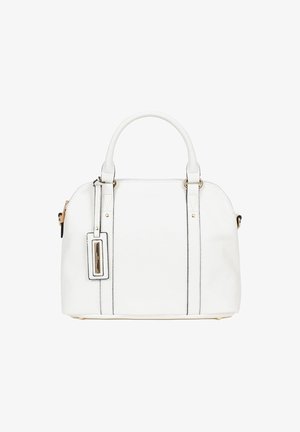 Borsa a tracolla in pelle bianca con forma arrotondata, manici doppi e finiture in oro. Presenta cuciture nere a contrasto e un'etichetta removibile.