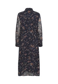 Rochie florală în nuanțe de bleumarin, cu mâneci lungi din material semi-transparent, guler la gât și o croială lejera. Prezintă model floral mic, multicolor, pe întreaga suprafață.