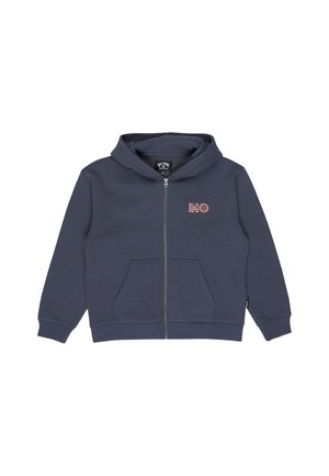Granatowa bluza z kapturem na zamek, z przednimi kieszeniami i małym różowym logo Billabong na lewej piersi.