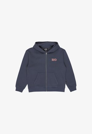 Felpa con cappuccio blu navy con zip, tasche frontali e piccolo logo rosa Billabong sul petto a sinistra.