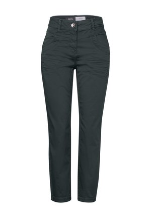 Dunkelgraue Leggings mit schmaler Passform, ausgestattet mit vorderen und hinteren Taschen, einem Knopfverschluss und einer subtilen Textur im Stoff.