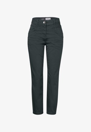 Mørkegrå stretchy bukser med slim fit, der har for- og baglommer, knaplukning og en subtil struktur i stoffet.