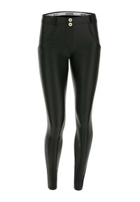 Black faux leather leggings featuring a slim fit, two-button waistband, and front pockets. Glossy texture with a smooth finish.