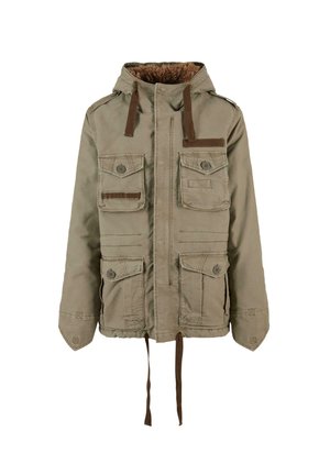 Beige jacka med huva i konstfuskpäls, bruna dragsko, flera framfickor och en texturerad tyg. Har knappstängningar och sydda detaljer.