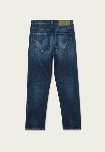 Jeans in denim blu scuro con design a gamba dritta, due tasche posteriori con cuciture curve e etichetta del marchio in vita.