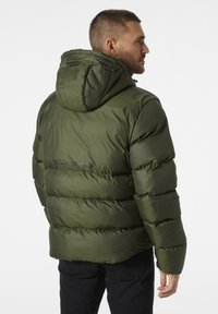 Parka verde, esponjosa, con capucha, diseño acolchado y un logotipo en la parte trasera. Está fabricada con un material brillante y suave, con puños elásticos.