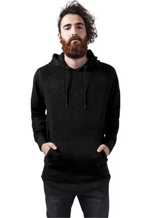 Black hoodie made of soft fabric with a kangaroo pocket, drawstring hood, and ribbed cuffs and hem; features a smooth, matte texture.