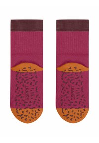 Para fioletowych skarpetek do kostek z brązowymi mankietami, pomarańczowymi piętami i palcami oraz ciemno brązowymi plamkami i brandingiem "ESPRIT" na podeszwach.