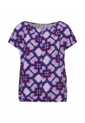 Short-sleeve blouse in purple, featuring a geometric pattern of diamonds in shades of purple and burgundy against a light background.
