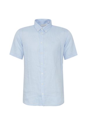 Hele sinine lühikeste varrukatega nööbiga särk, millel on nööbiluku krae ja valged nööbid, esitletud valgel taustal.