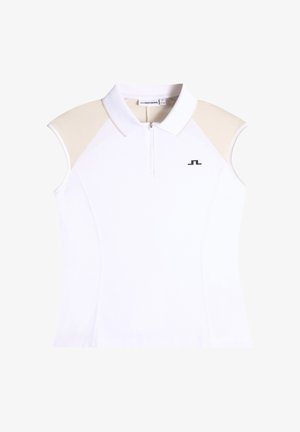 Witte korte mouw polo met een ritssluiting bij de kraag, beige accenten op de schouders en een zwart logo aan de voorkant. Gladde textuur, aangesloten pasvorm.