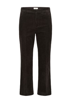 Pantalon en velours côtelé marron foncé avec des côtes verticales, une coupe droite et une taille lisse. Pas de matériel ou d'accents visibles.
