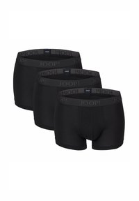 Black cotton boxer trunks in a pack of three with a contrasting gray waistband featuring the brand name. Smooth texture, fitted design.