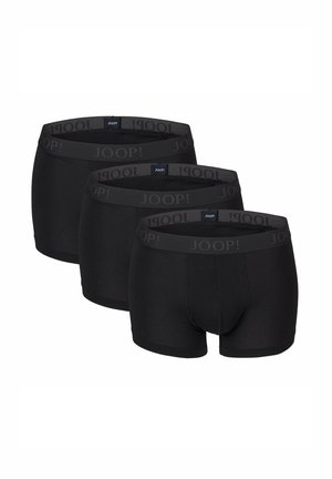 Schwarze Baumwoll-Boxertrunks im Dreierpack mit einem kontrastierenden grauen Bund, der den Markennamen trägt. Glatte Textur, enganliegendes Design.