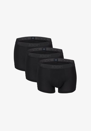 Schwarze Baumwoll-Boxertrunks im Dreierpack mit einem kontrastierenden grauen Bund, der den Markennamen trägt. Glatte Textur, enganliegendes Design.