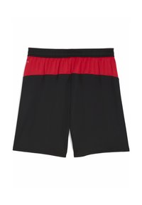 Sorte atletiske shorts med rød panelering øverst, med elastisk talje og glat tekstur, ideelle til sport eller afslappet brug.