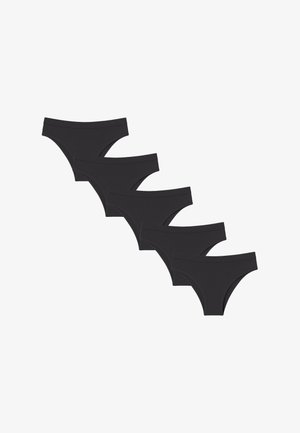 Cinque slip bikini neri disposti in fila diagonale su uno sfondo bianco.