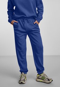 Blue sweatshirt and matching sweatpants made of soft fabric; pants have an elastic waistband with drawstring, side pockets, and tapered ankles.