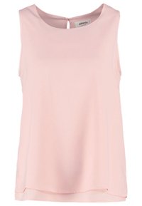 Haut rose clair sans manches avec un col rond, une ouverture en forme de goutte d'eau dans le dos, et un tissu doux. Texture lisse et ourlet légèrement arrondi.