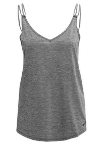 Débardeur de sport gris sans manches avec double bretelles fines et petit logo Nike sur l'ourlet inférieur droit.