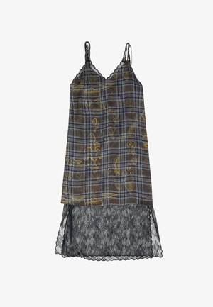 Suknja iz slipa z modro in rumeno karo vzorcem, cvetličnimi motivi, tankimi trakovi in črno čipkastim robom, ki sega pod obleko.