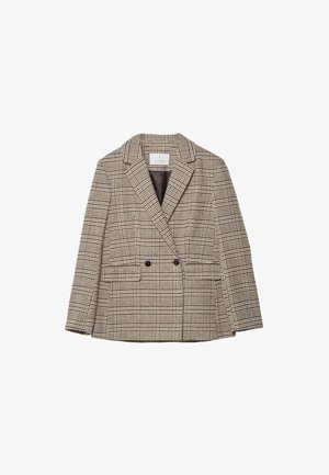 Blazer a quadri in tonalità beige e marrone, caratterizzato da un frontale doppiopetto, rever a punta, due tasche frontali e un tessuto testurizzato.