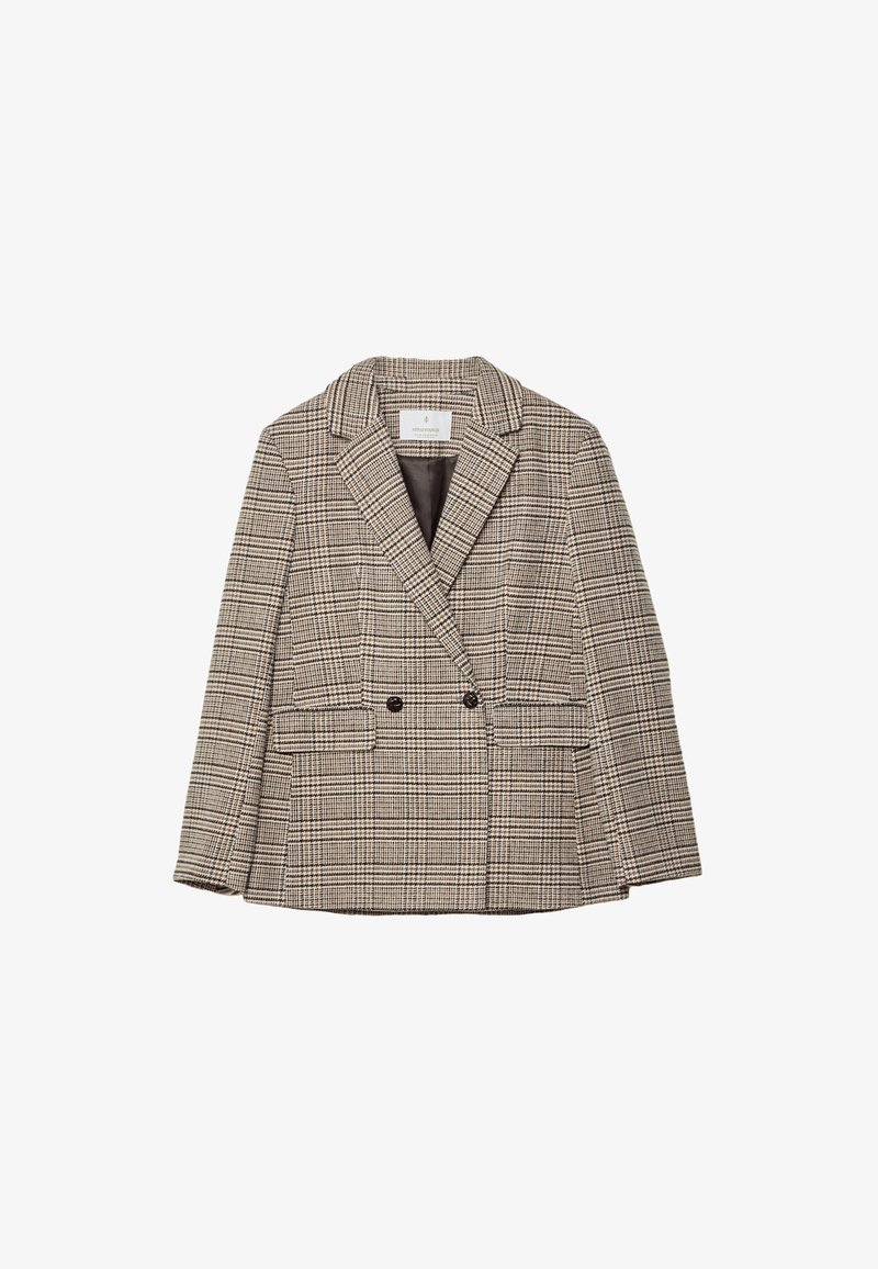 Beige und braun karierter Blazer mit doppelter Knopfleiste, Reverskragen, zwei vorderen Taschen und strukturiertem Stoff.