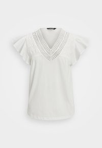 White short-sleeve top with a V-neckline, featuring gathered texture and lace detailing along the neckline. Soft fabric, loose fit design.