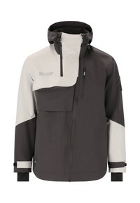 Veste imperméable avec un schéma de couleurs noir et gris. Dotée d'une fermeture éclair sur le devant, d'une capuche et d'une grande poche poitrine, fabriquée à partir d'un tissu lisse.