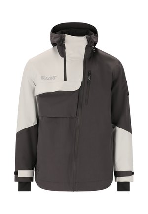 Wasserabweisende Jacke mit einer schwarz-grauen Farbgestaltung. Verfügt über einen Reißverschluss vorne, eine Kapuze und eine große Brusttasche, hergestellt aus glattem Stoff.