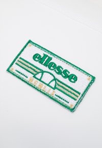 Logo ricamato di Ellesse con cuciture verdi su uno sfondo bianco, con strisce orizzontali e un dettaglio a semiciclo alla base.