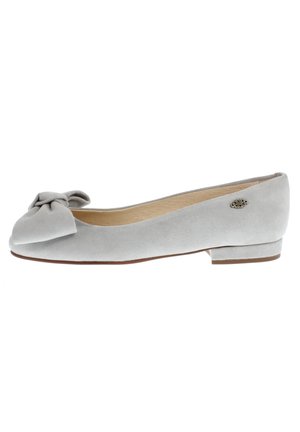 Gray suede ballet flats with a knotted bow detail on the toe, flat heel, and light-colored insole, featuring a small decorative hardware accent.