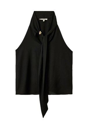Blusa sin mangas negra de tela suave, con un cuello alto y un detalle de lazo anudado en el escote, con un corte holgado.