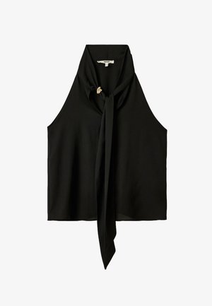 Schwarze ärmellose Bluse aus glattem Stoff, mit hohem Kragen und einem geknoteten Bindungsdetail am Ausschnitt, in einer entspannten Passform.