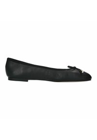 Zwarte leren balletschoenen met een gladde textuur, een ronde neus en een klein strikaccent aan de voorkant. Platte zool zonder zichtbare profiel.