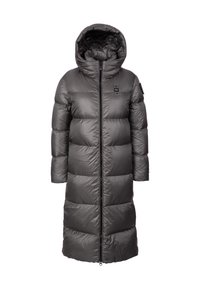 Lang, puffy vinterjakke i mørkegrå med hætte. Har en frontlynlås, kviltet design og en lomme på overarmen.