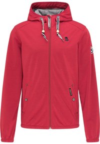 Veste zippée rouge avec une capuche, dotée d'une doublure intérieur grise, de cordons de serrage et de poches latérales. Contient un logo sur le haut de la poitrine gauche.