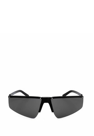 Occhiali da sole neri, eleganti e angolari, con lenti triangolari scure e una montatura sottile, progettati per uno stile moderno e minimalista.