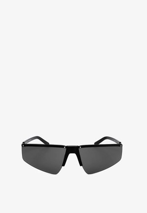 Occhiali da sole neri, eleganti e angolari, con lenti triangolari scure e una montatura sottile, progettati per uno stile moderno e minimalista.