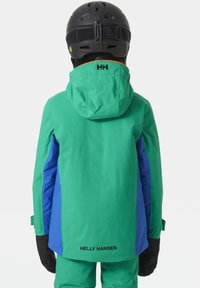 Zielona i niebieska ocieplana kurtka narciarska z kapturem, z czarnym logo z tyłu i czarnymi rękawami. Gładka tekstura, materiał wodoodporny.