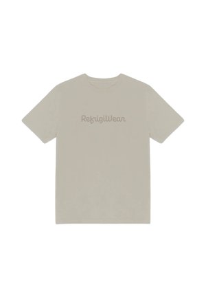 T-shirt beige chiaro a manica corta con scollo tondo e logo "RefrigiWear" stampato sul petto nello stesso colore.