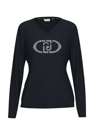 Maglietta blu navy a maniche lunghe con scollo a V e un logo bianco stilizzato intrecciato "LD" sul petto.