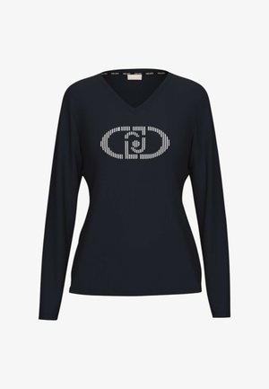 Maglietta blu navy a maniche lunghe con scollo a V e un logo bianco stilizzato intrecciato "LD" sul petto.