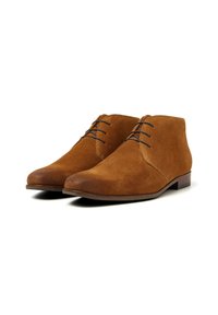Brown suede ankle boots with a rounded toe, lace-up design, and a small heel; smooth texture with a consistent color.