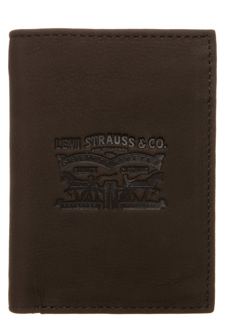 Brown leather wallet featuring embossed Levi Strauss & Co. logo and design details, with smooth texture and stitched edges.