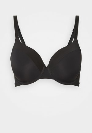 Schwarzes BH mit Unterdraht aus glattem Stoff, vorgeformten Cups, verstellbaren Trägern und einem dreireihigen Hakenverschluss auf der Rückseite. Nahtloses Design.