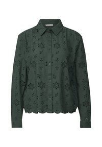 Donkergroene blouse met bloemenborduursel, golvende zoom, knoopsluiting en lange mouwen met manchetknopen en decoratieve uitsparingen.